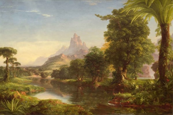 Wallpaper: Serene landscape painting features lush green forest, calm river, towering trees, jagged mountains in background, softly lit sky. Colors: green, blue, earthy brown, misty gray. Ambiance: peaceful and idyllic dreamland.