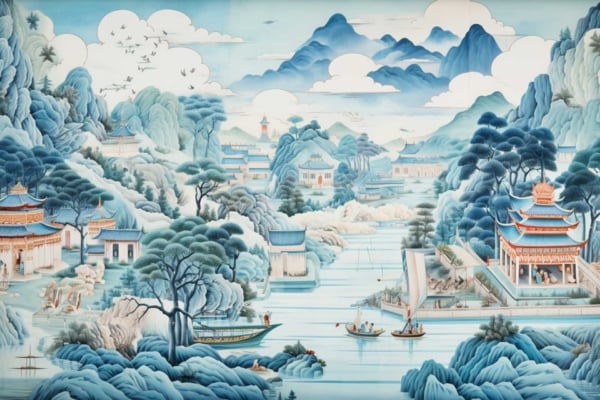 The wallpaper features a serene traditional Chinese landscape with:
- Mountainous scene
- Lush trees in varying shades of green
- Flowing blue rivers
- People in boats
- Pagoda-style buildings and small houses 
- Rural countryside setting 
- Sky filled with birds and clouds