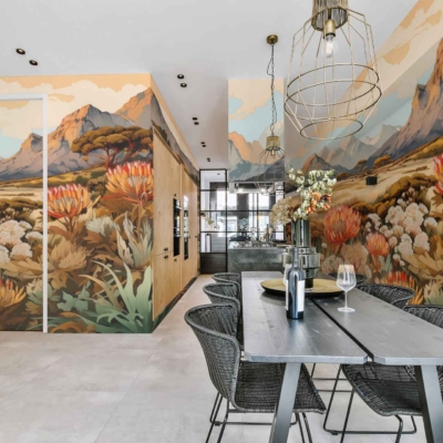 Large mural, colorful mountains, flowers, vibrant colors, nature scenery.