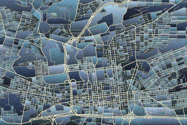 Abstract: 

A stylized map of Mosaic City showcases an urban area with a grid-like street pattern that intertwines in multiple intersecting roads and blocks. The design, rendered in varying shades of blue and gray, creates a geometric, almost futuristic aesthetic. The wallpaper highlights these elements:

- Grid-like street pattern
- Intersecting roads
- Geometric blocks
- Shades of blue
- Shades of gray
- Futuristic aesthetic