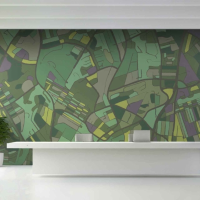 Abstract green mural, jungle vibe, large leaves, deep greens, light greens, organic shapes, nature-inspired design.