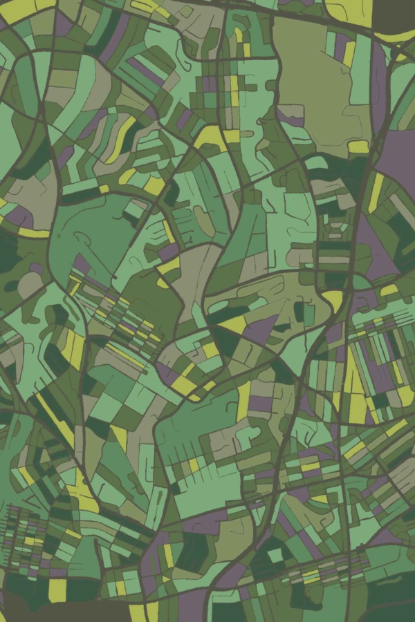 Abstract wallpaper showcasing a vibrant patchwork of geometric shapes in diverse shades of green, yellow, and purple. Interconnecting and overlapping, these shapes form a complex mosaic reminiscent of a quilt or stylized map with multiple layers and textures. It evokes an artistic jungle ambiance through its intricate design. Key elements: geometric shapes, green, yellow, purple, interlocking patterns, textured mosaic.