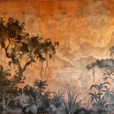 Wallpaper: Scenic mural, lush tropical jungle at sunset, African dream. Features: Silhouettes of trees and plants, elephant on the left, dense foliage. Background: Misty mountains under warm orange sky. Colors: Lush greens, deep blacks in silhouettes, warm oranges and yellows in the sky.