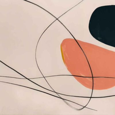 Abstract wallpaper with a light beige background, featuring a prominent black oval near the top right, a smaller orange oval below it. Several thin, curved black lines cross diagonally across the canvas, evoking Dot Dot Dash patterns.