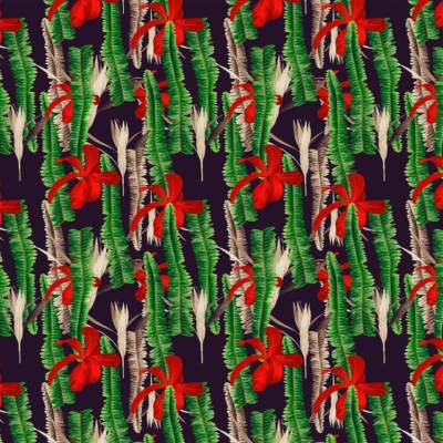 Vibrant pattern, green tropical leaves, red bow-like shapes, dark background, African Dream style, dense and repetitive design, lively look, festive feel.