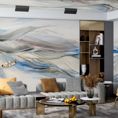 Abstract wave-like wall and ceiling designs in soothing blue and beige tones.