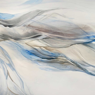 Flowing, wave-like patterns create a serene dynamic in shades of blue, gray, and white. This abstract wallpaper captures fluid movement reminiscent of a tranquil natural landscape. Each shade melds seamlessly, while the undulating design emphasizes nature's continuous artistry. Perfect for adding a touch of peaceful elegance to any space.