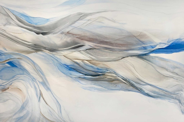 Flowing, wave-like patterns create a serene dynamic in shades of blue, gray, and white. This abstract wallpaper captures fluid movement reminiscent of a tranquil natural landscape. Each shade melds seamlessly, while the undulating design emphasizes nature's continuous artistry. Perfect for adding a touch of peaceful elegance to any space.