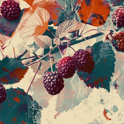 Artistic depiction of a blackberry bush features clumps of ripe blackberries hanging from thin stems. Surrounding foliage showcases heavily stylized leaves in shades of teal, rust, and orange. The wallpaper exudes a textured, painterly effect, making it an ideal Pick of the Day for art enthusiasts. Key elements: blackberry bush, ripe blackberries, thin stems, stylized leaves in teal-rust-orange palette, textured painterly effect.