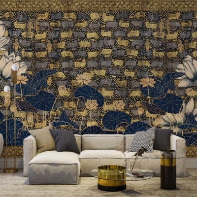 A large, intricate tapestry featuring lotus flowers and lily pads as the backdrop; colors include shades of green, pink, white, and subtle gold accents.