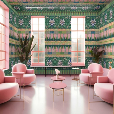 The wallpaper is patterned with intricate designs in vibrant green and pink colors.