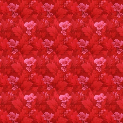 A vibrant red floral pattern with repeated illustrations of flowers and leaves. Features varying shades of deep red, creating depth and texture. Detailed artwork resembling a rich, ornate tapestry. Elements include intricate flowers and lush leaves in bloodline hues.
