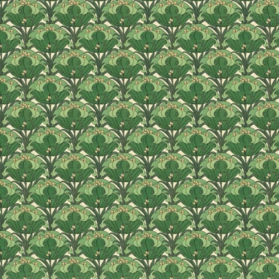 A seamless, repeating Art Nouveau wallpaper pattern featuring stylized green plants with large leaves and delicate, pale flowers. The design is symmetrical and intricate, creating a lush botanical appearance, evoking the essence of ancient natural beauty. Key elements: green plants, large leaves, pale flowers, symmetrical design.
