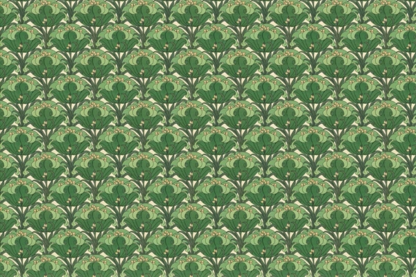 A seamless, repeating Art Nouveau wallpaper pattern featuring stylized green plants with large leaves and delicate, pale flowers. The design is symmetrical and intricate, creating a lush botanical appearance, evoking the essence of ancient natural beauty. Key elements: green plants, large leaves, pale flowers, symmetrical design.