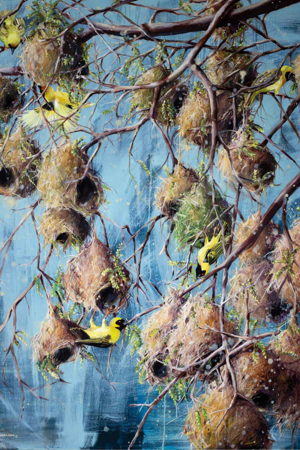 A vibrant wallpaper showcases intricately woven bird nests hanging from branches against blue skies. Bright yellow birds perch on the nests and branches, injecting bursts of color and life into the scene. Key elements: blue skies, woven bird nests, branches, bright yellow birds.