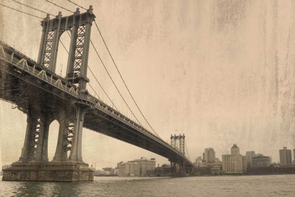 A sepia-toned wallpaper featuring the Manhattan Bridge stretching over water, with prominent suspension cables and towers. In the background, a hazy city skyline under an overcast sky. Key elements: Manhattan Bridge, suspension cables, towers, hazy skyline. Dominant color: Sepia tones.