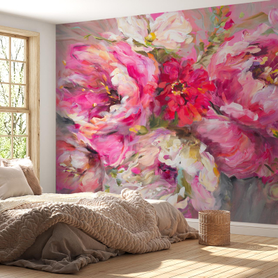 Floral mural in shades of pink, white, and green.