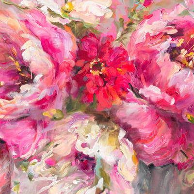 A vibrant abstract wallpaper featuring lush, swirling strokes of pink, red, and white hues forming an impressionistic bouquet of flowers with soft, full petals and hints of greenery.