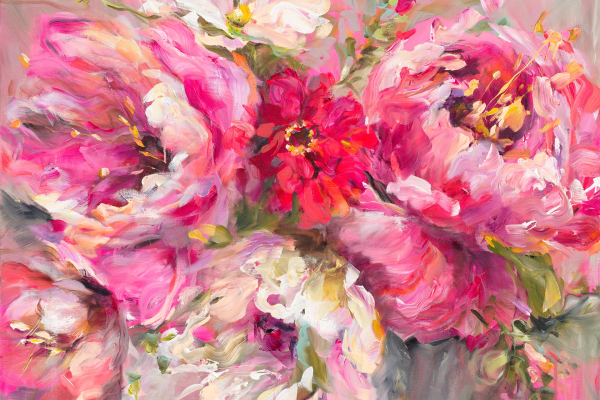 A vibrant abstract wallpaper featuring lush, swirling strokes of pink, red, and white hues forming an impressionistic bouquet of flowers with soft, full petals and hints of greenery.
