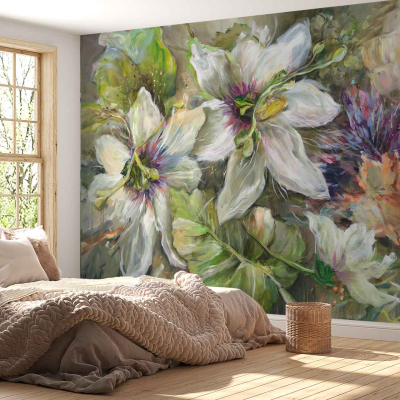 Artistic mural on the back wall features large, vibrant PassiFlora flowers in shades of white, green, and purple.