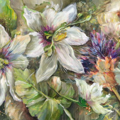 Vibrant wallpaper featuring blooming flowers in shades of white, purple, and orange with lush green leaves. Dynamic brushstrokes create movement and depth, evoking palpable plant-based wellness.