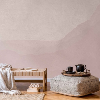 The wallpaper features a subtle abstract mountain design with soft curvature, incorporating muted tones such as gentle grays, mild beiges, and light taupes. The overall effect is serene and harmonious.
