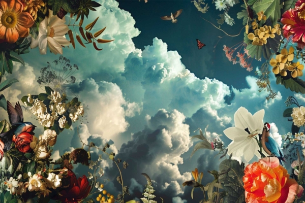 Wallpaper features a sky filled with fluffy clouds bordered by vibrant flowers and foliage. Includes lilies and roses in various colors, such as pink, red, and white. Birds and a butterfly add liveliness to the tranquil setting. Perfect for The Voyage through a dreamlike landscape.