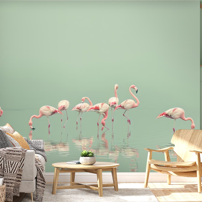 A serene living room features a wall mural with pink flamingos wading in water against a light green background. Elements include flamingos, water reflections, and shades of pink and green.