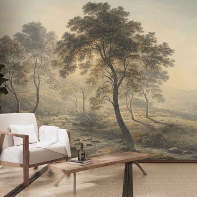 A serene room with a landscape mural featuring tall trees in various shades of green, and rolling hills bathed in the soft glow of golden hour hues, including warm yellows and soft oranges. The mural's elements create a tranquil ambiance with its depiction of nature and calming colors.