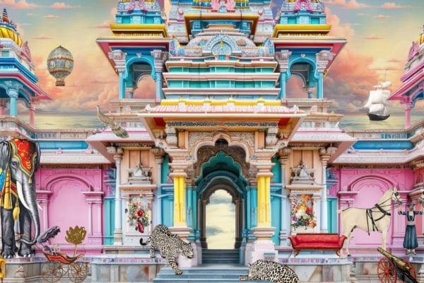 The wallpaper features a vibrant and fantastical temple adorned with ornate designs. Key elements include animal statues of elephants, leopards, and horses. Mystical elements like a hot air balloon, ship, and peacock add to the whimsy. The central archway offers a view of a bright, dreamy sky. The scene bursts with vivid colors and intricate details, creating a colorful tapestry that's rich in fantasy.