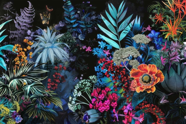 A mesmerizing nocturnal garden wallpaper showcases an array of neon-colored plants and flowers. Intricate foliage and blossoms glow brilliantly in shades of blue, red, orange, and purple. Graceful curves against a dark background create an enchanting scene that captivates with its vivid, luminescent beauty.