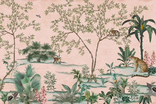 The wallpaper features a detailed nature scene with lush plants and trees in various shades of green. Two monkeys are visible among the branches, while a leopard rests on the ground to the right. Tropical foliage surrounds the area, with a bird flying against a light pink sky in the background. Key elements include: lush plants, trees, monkeys, leopard, tropical foliage, bird, and light pink sky. Colors predominantly include greens for vegetation and light pink for the sky.
