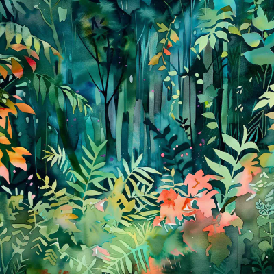 A vibrant jungle wallpaper features dense green and orange foliage in the foreground. Tall, shadowy trees and a misty atmosphere dominate the background, creating a lush, humid environment. The scene is colorful and rich in detail with various shades of green and orange enhancing the exotic aesthetic.