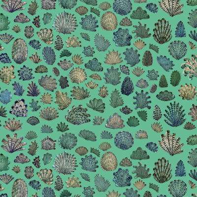 Seamless coral pattern wallpaper in light green background featuring intricately designed corals in shades of green, blue, and turquoise. Detailed corals vary in shape and size for a visually rich arrangement.
