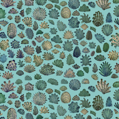 A seamless wallpaper pattern features intricately detailed coral designs in blue, green, and beige against a light turquoise background. The repeated coral images create a dense, dynamic underwater-themed display.