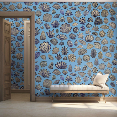 Vibrant blue wallpaper; adorned with various sea shell patterns.