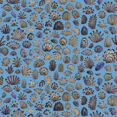 A seamless pattern of various blue and beige coral shapes on a light blue background. Elements include diverse coral illustrations varying in size and texture, creating an intricate marine-themed visual. Colors: light blue, dark blue, beige.