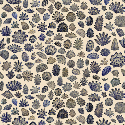 A seamless pattern featuring various types of intricate blue and grey corals and seashells on a light beige background. The design is densely packed with hand-drawn marine elements, giving it a rich, textured appearance. Key elements: blue corals, grey corals, seashells, hand-drawn texture. Colors: blue, grey, light beige.