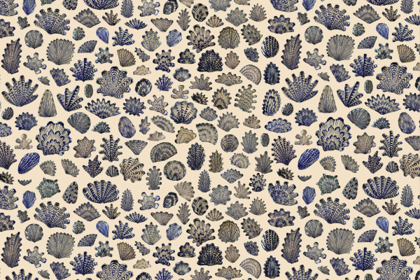 A seamless pattern featuring various types of intricate blue and grey corals and seashells on a light beige background. The design is densely packed with hand-drawn marine elements, giving it a rich, textured appearance. Key elements: blue corals, grey corals, seashells, hand-drawn texture. Colors: blue, grey, light beige.