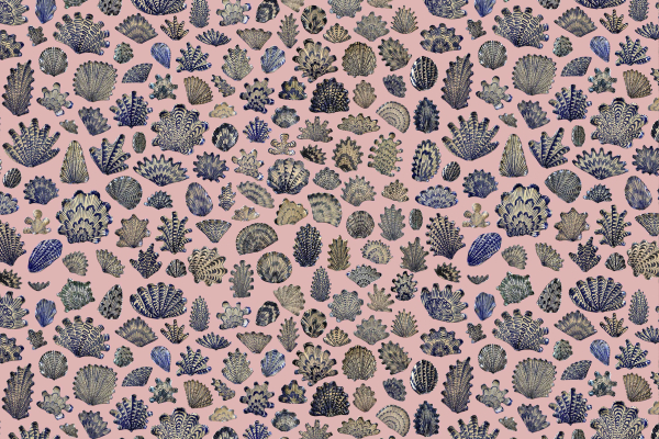 Hand-drawn sea coral, marine life illustrations, shades of blue and green, light pink background, intricate designs, evenly spaced pattern.