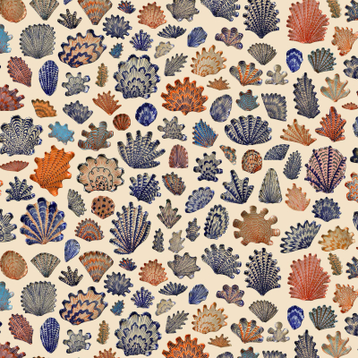 Seamless wallpaper with hand-drawn coral and sea sponge illustrations in blue, orange, and beige on a light background. Intricate marine-themed design featuring various coral forms and sponge textures for a dynamic ocean-inspired pattern.