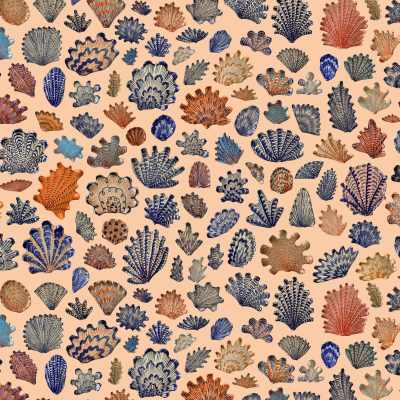 A vibrant wallpaper showcasing detailed coral illustrations in various shapes and sizes. Predominant colors include orange, blue, and teal corals set against a light beige background. Key elements: coral illustrations, orange corals, blue corals, teal corals, light beige backdrop.