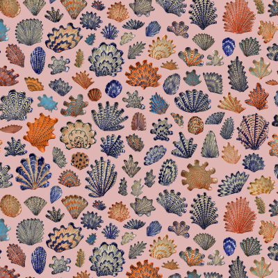 A seamless wallpaper pattern featuring vibrant coral illustrations in shades of orange, blue, green, and purple against a light peach background. The corals vary in shape and size for an intricate underwater-themed design. Elements include diverse coral shapes and vivid colors creating a dynamic effect.
