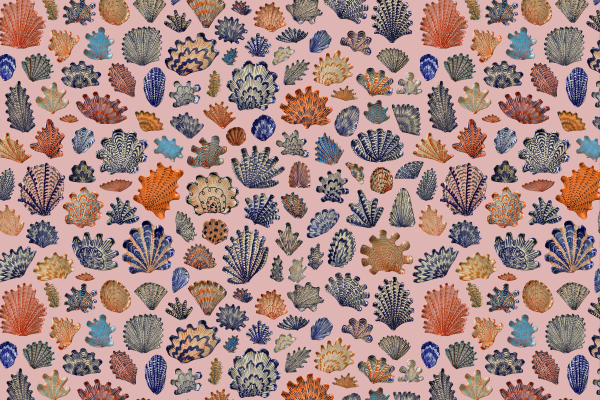 A seamless wallpaper pattern featuring vibrant coral illustrations in shades of orange, blue, green, and purple against a light peach background. The corals vary in shape and size for an intricate underwater-themed design. Elements include diverse coral shapes and vivid colors creating a dynamic effect.