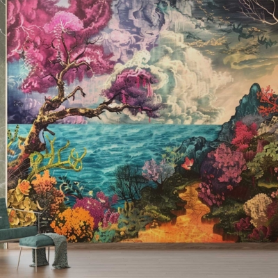 A vibrant wall mural features a fantastical seascape with colorful trees, lush plants, a winding path, turbulent ocean waves, and a dramatic sky. The scene is surreal and dreamlike, blending natural elements with vivid colors like deep blues, bright greens, fiery oranges, and radiant yellows.