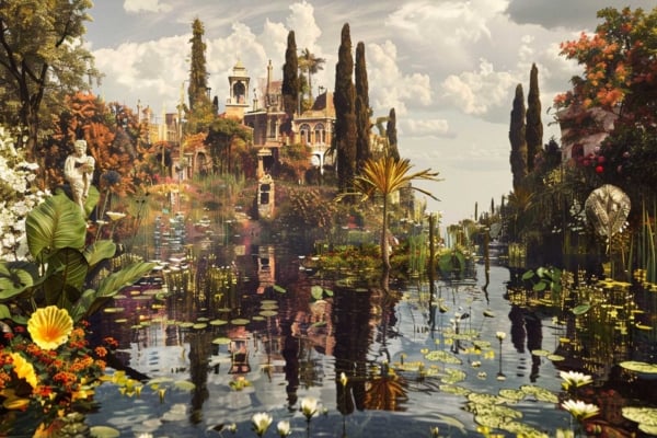 The wallpaper captures a surreal garden scene with a nostalgic European village in the background, all mirrored in a serene, lily-covered pond. Verdant trees and vibrant flowers frame the water, creating a lush tapestry of greenery and blooms. Statues and ornate structures seamlessly integrate into this dreamy environment under a partly cloudy sky. The rich palette includes deep greens, soft lavenders, warm golds, and shimmering silvers. This vivid landscape invites one on "The Voyage within.