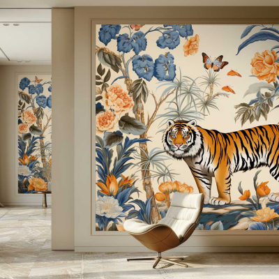 Elegant room with marble flooring, featuring a large, colorful wall mural as the focal point. The wallpaper depicts a vibrant tiger amidst lush flowers and foliage in shades of blue, orange, and green. A butterfly adds an additional touch of nature to this wildlife sanctuary tableau.