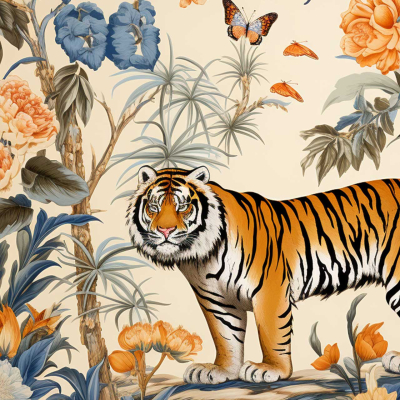 A vibrant wallpaper depicts a tiger amidst lush, colorful flora. Elements include orange and blue flowers, green leaves, and tall plants. Butterflies flutter around the tiger. Key colors: orange, blue, green. Key elements: tiger, flowers, leaves, butterflies.