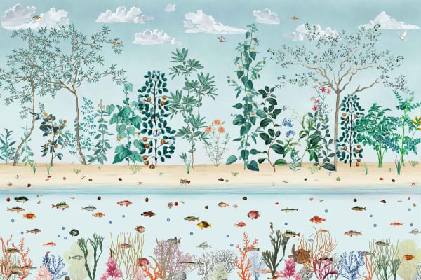 Wallpaper Features:

- Tall, leafy trees in various shades of green
- Lush shoreline with diverse plant life
- Fish swimming below the surface in different colors and shapes
- Light blue sky with fluffy white clouds above
- Vibrant coral reefs in reds, pinks, and oranges on the ocean floor 
- Various underwater plants in greens, blues, and purples 

Highlighted Elements:
Tall leafy trees, shoreline plants, fish underwater, light blue sky, white clouds, vibrant coral reefs.