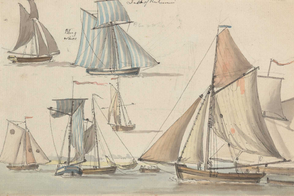 Wallpaper features a watercolor and pencil sketch of sailboats in various designs and sizes, including some with striped sails. The image captures the boats' movement under a light sky, using pastel colors, blues, greens, and splashes of white to evoke a sense of Bon Voyage.